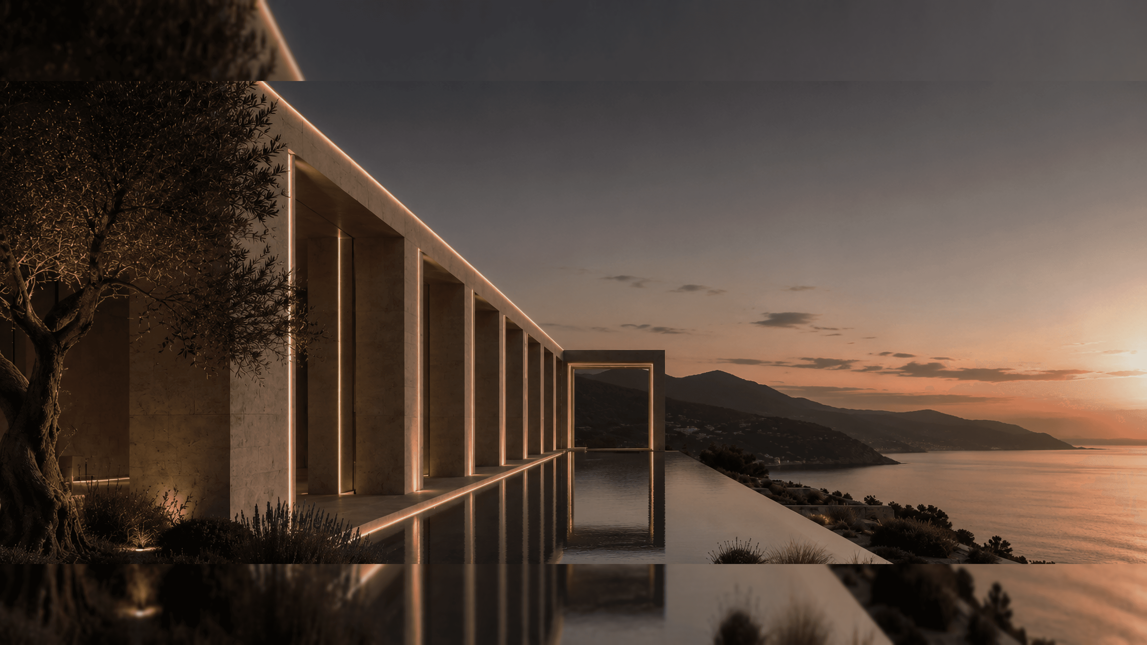 A linear seaside residence with an infinity pool at dusk, framing the horizon as a continuous room.