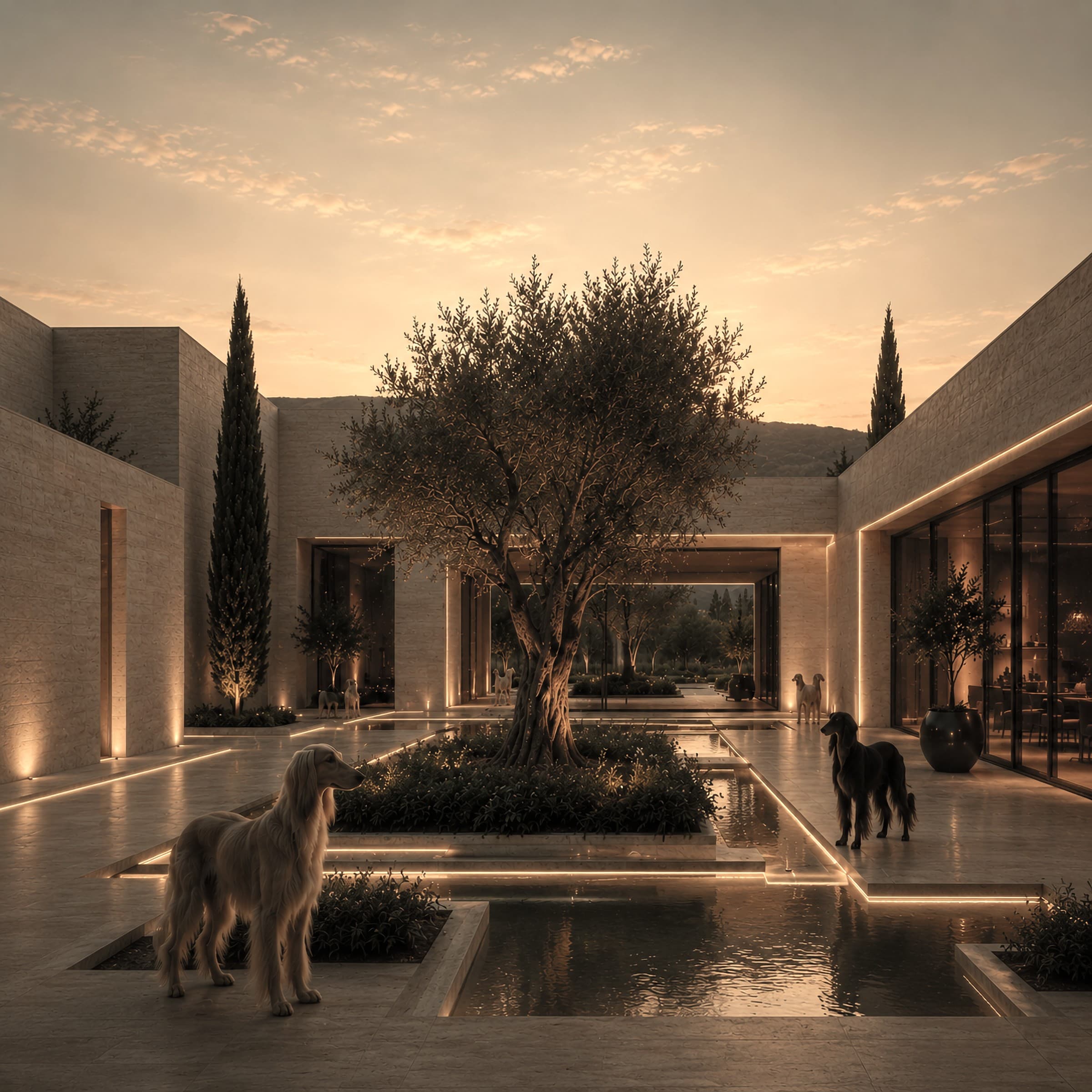 Sighthound Sanctuary courtyard residence organized around a central olive tree, reflective water, and sighthounds at dusk.