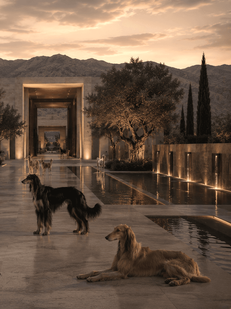 Sighthound Sanctuary courtyard axis populated by sighthounds, reflective water, and long mountain-facing thresholds.