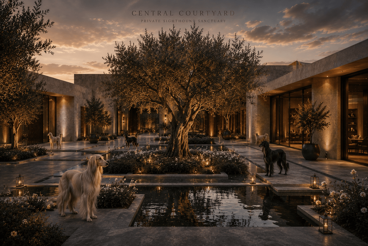 Sighthound Sanctuary courtyard at dusk with dogs, water, and warm stone architecture.