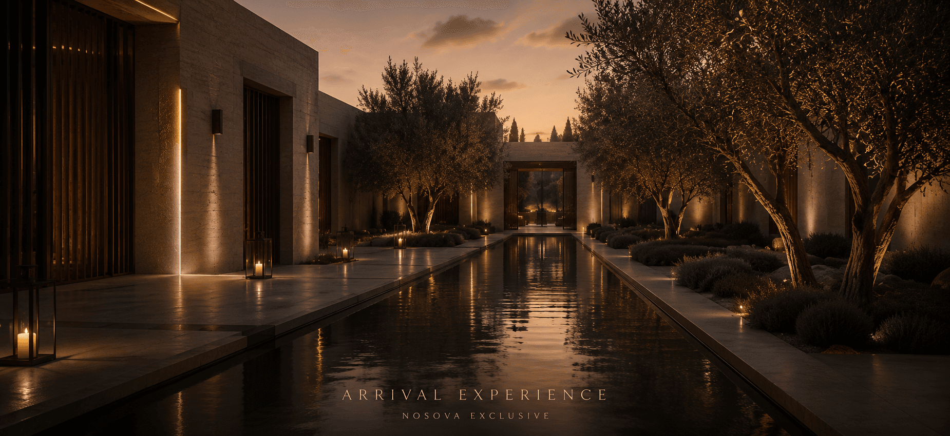 Sighthound Sanctuary long reflective water axis lined by residence walls and evening planting.