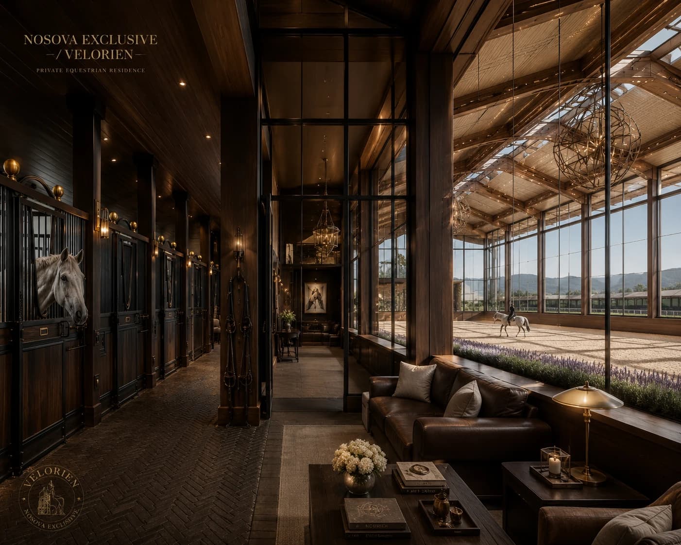 Private Equestrian Architecture corridor gallery with glazing, stone floor, and a horse visible beyond the rhythm of columns.