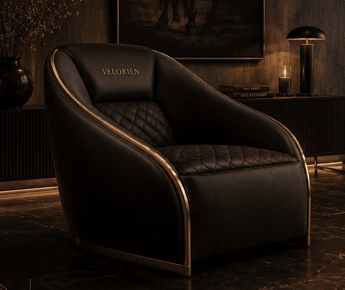 Private Equestrian Architecture armchair with quilted leather, bronze trim, and Velorien monogram.