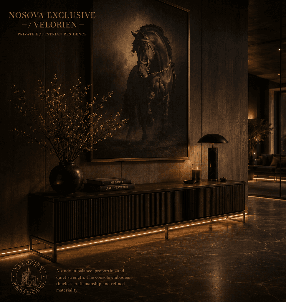 Private Equestrian Architecture console piece presented beneath a horse portrait with bronze detailing and low ambient light.