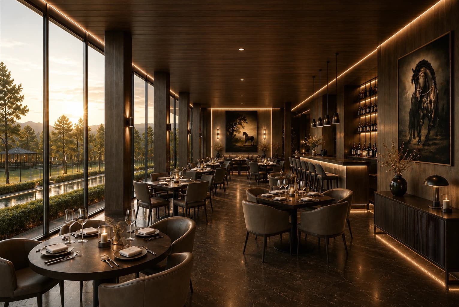 Private Equestrian Architecture dining gallery lined with warm timber, stone, and reflective glazing.