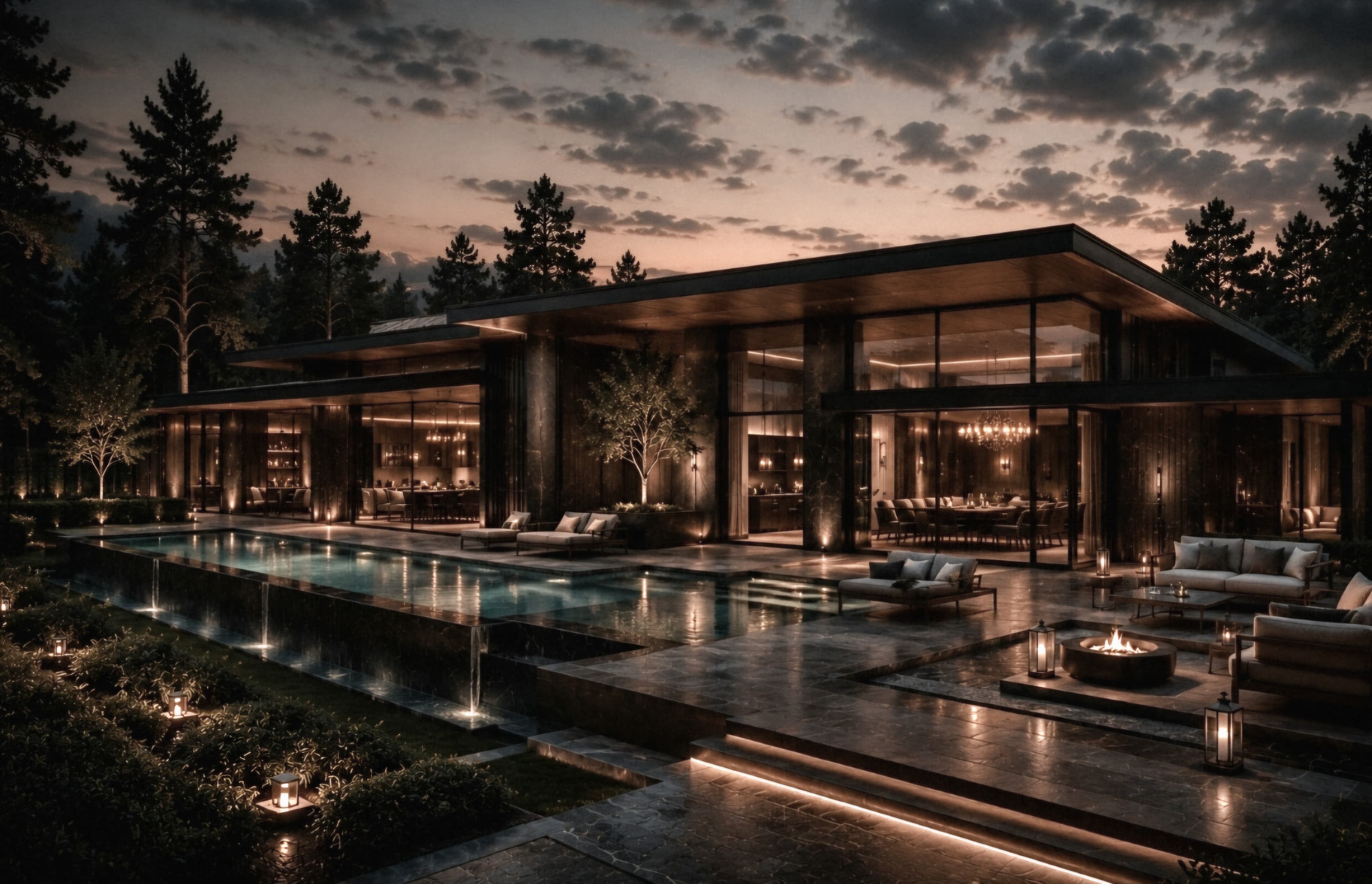 Private Equestrian Architecture evening residence with illuminated glazing, reflective water, and sheltered outdoor rooms.
