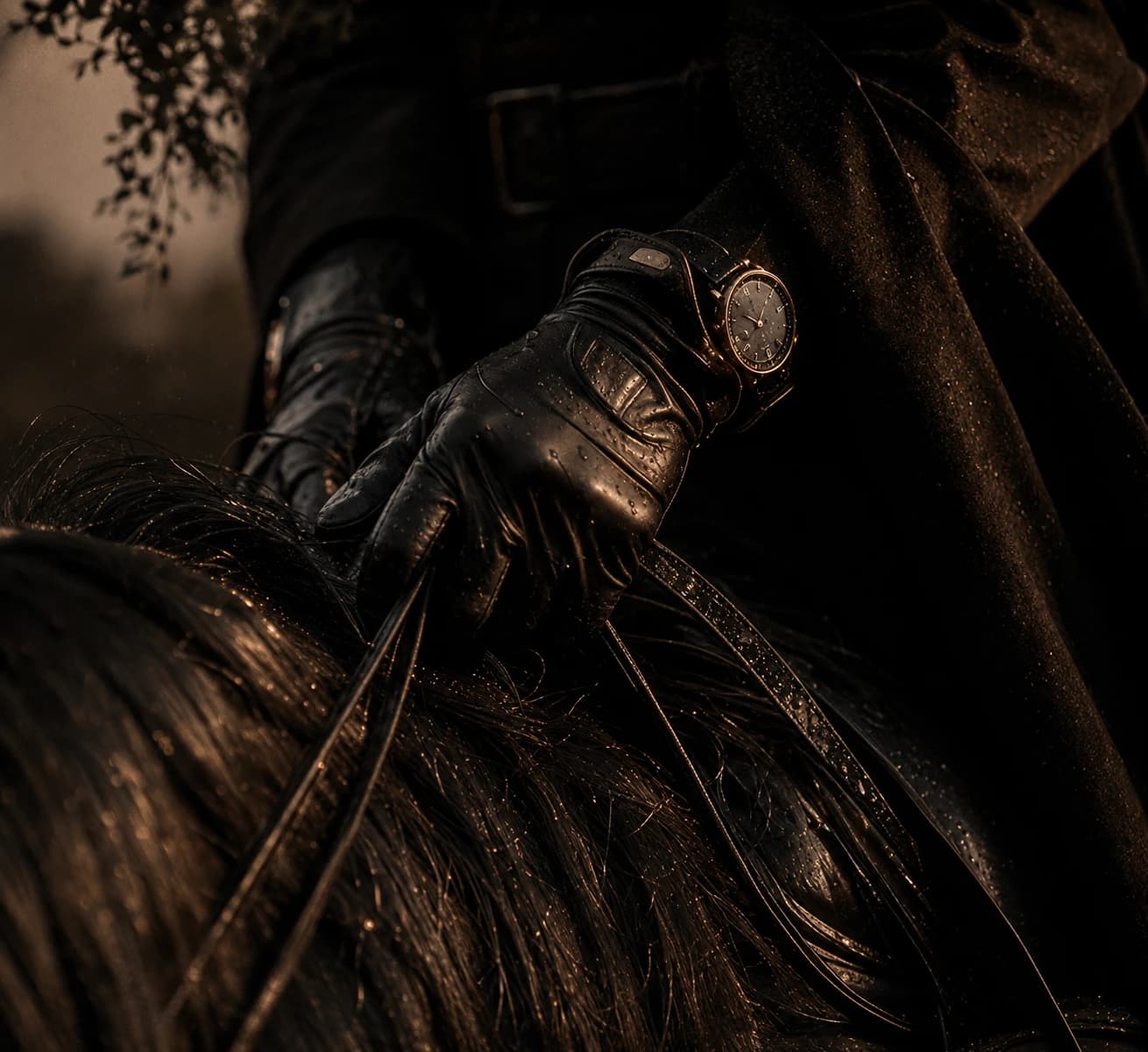 Private Equestrian Architecture tactile close-up of a rider glove against dark mane and bronze watch detailing.