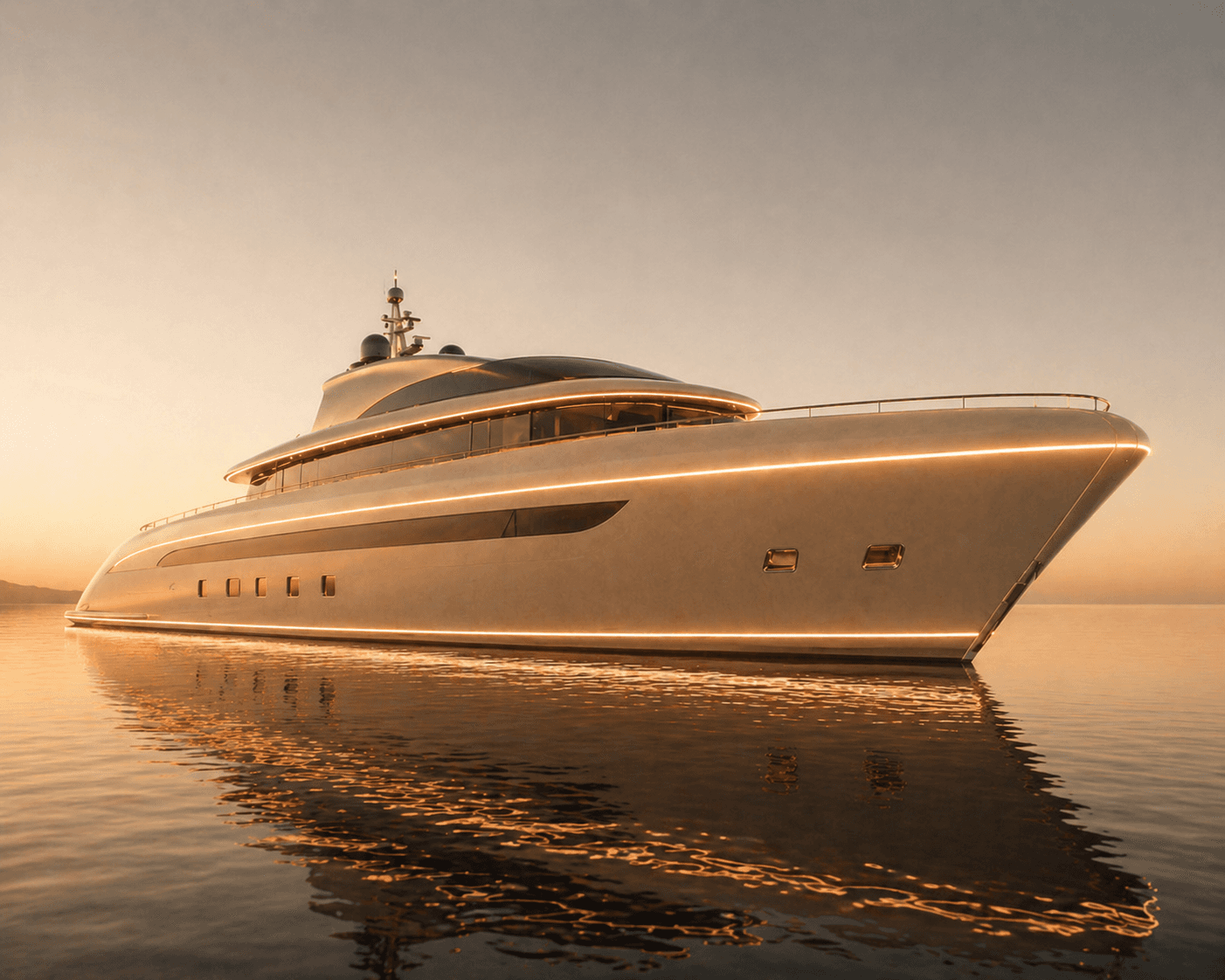 Private yacht illuminated at golden hour on calm water