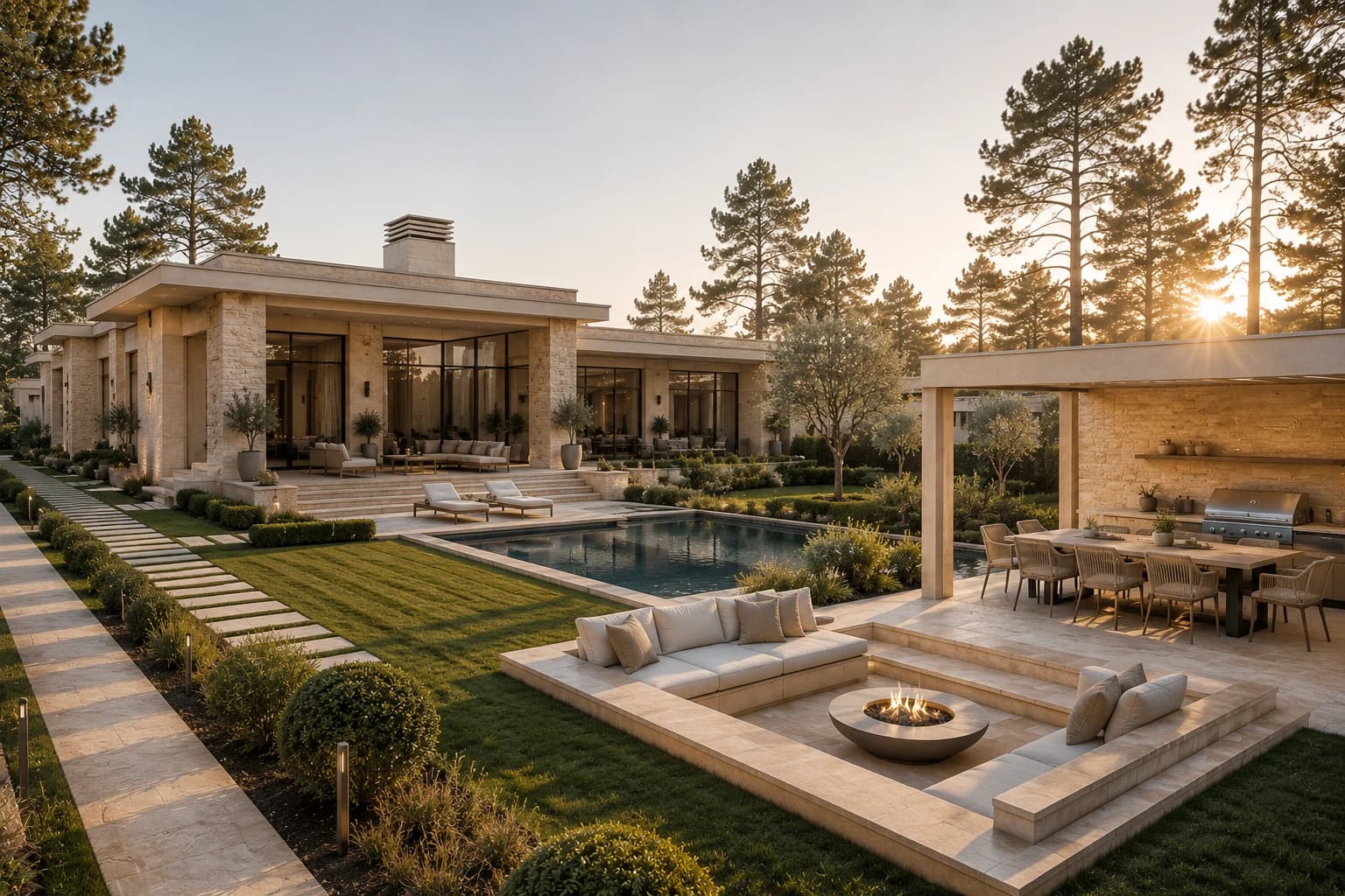 Sighthound Sanctuary courtyard residence with dining pavilion, fire feature, and long garden lines.