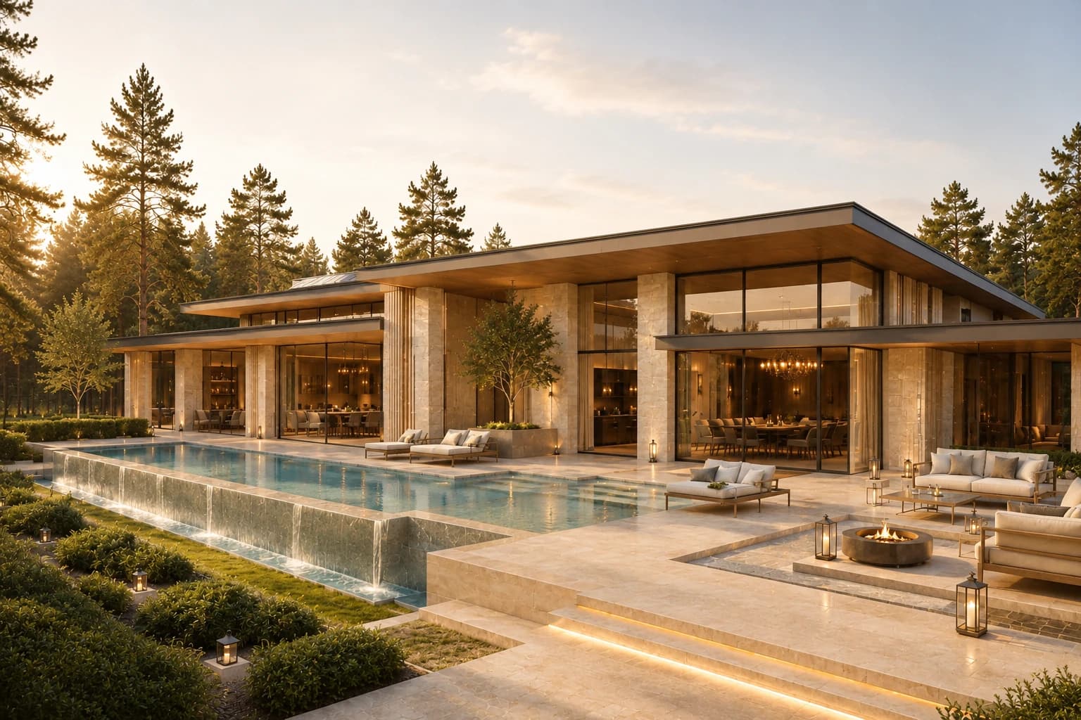 Sighthound Sanctuary residence and pool terrace framed by pale stone architecture and outdoor lounges.