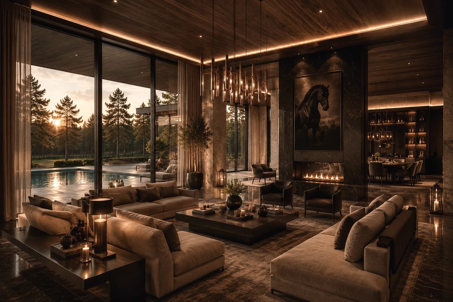 Sighthound Sanctuary shared lounge with a fireplace, low seating, and sunset light across the interior.